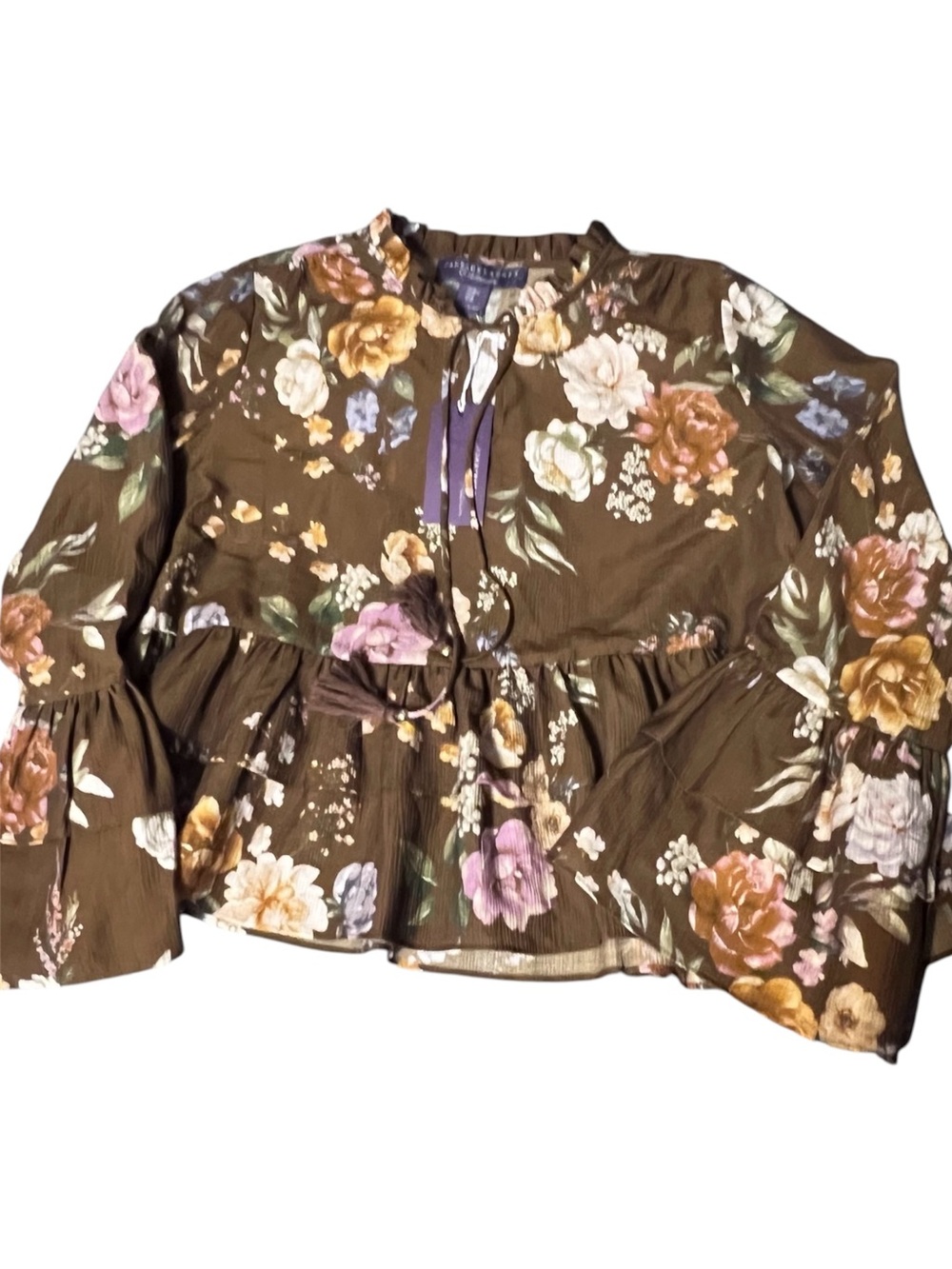 Jane + Delancey Brown Floral Boho Peplum Blouse - Size M - NWT